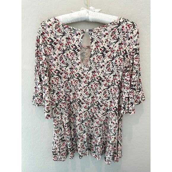 LUCKY BRAND | White Romantic Floral Boho Flutter Sleeve Peplum Top | Medium - Picture 4 of 7